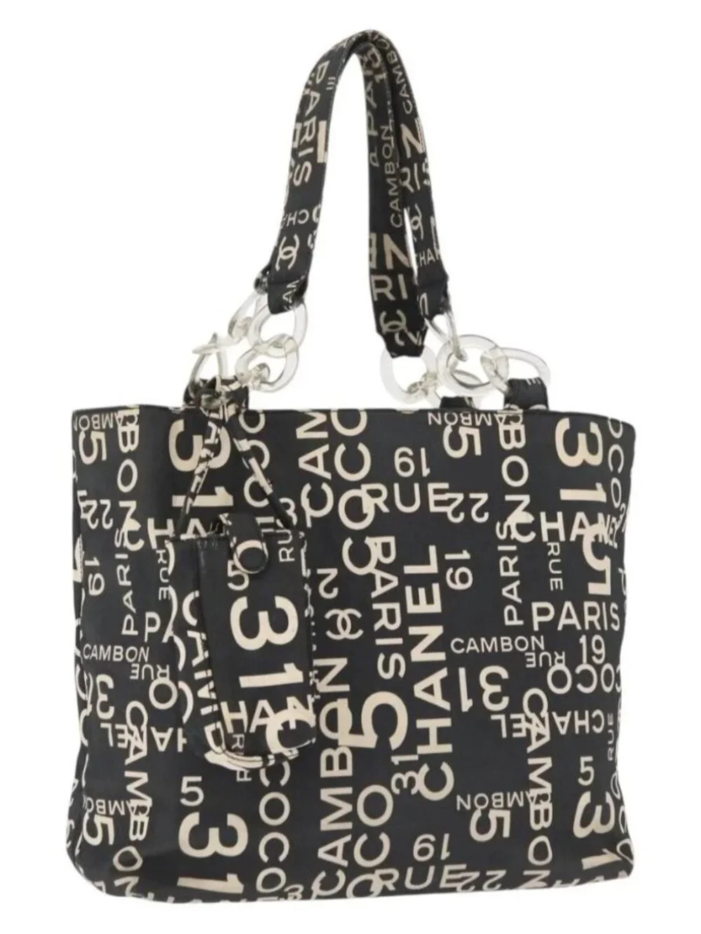 CHANEL By Sea Line Tote Bag Canvas Black Silver CC Auth 163519